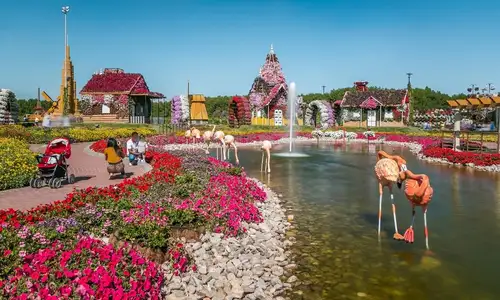 Vibrant flowers and playful flamingo sculptures at Dubai Miracle Garden.