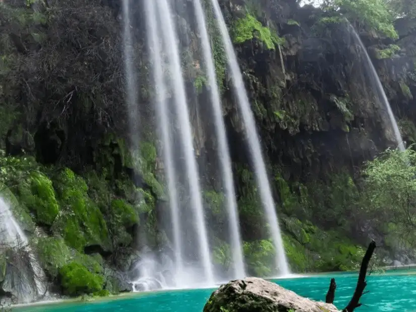 A breathtaking view of the serene Ain Athum waterfall amidst lush greenery.