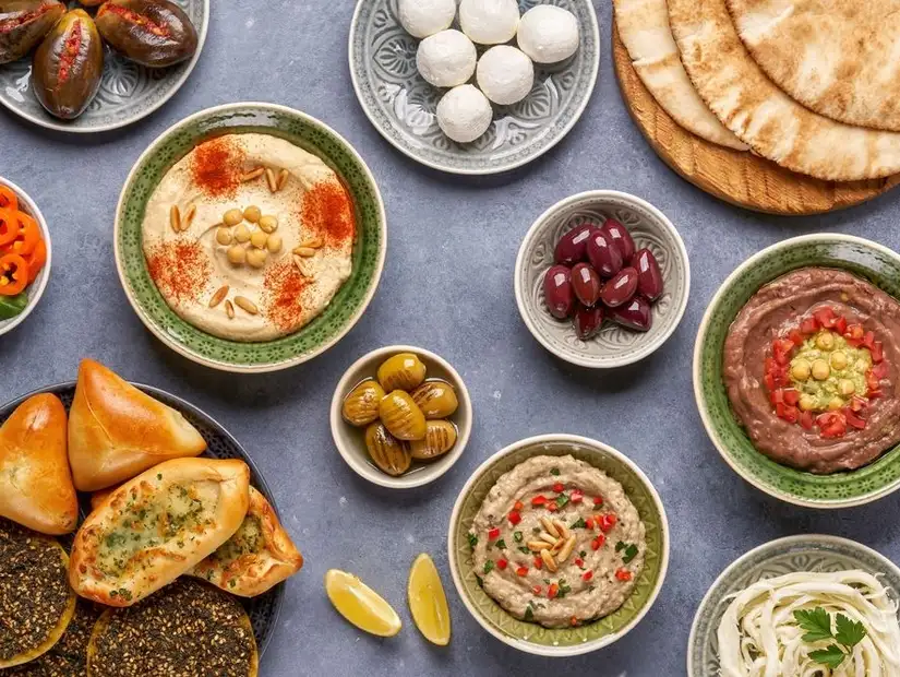 Creamy labneh topped with olive oil and za'atar, accompanied by marinated olives and fresh pita bread.