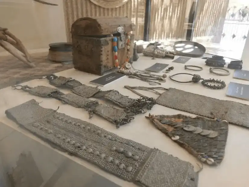 Traditional Bedouin ornaments and tools on display.