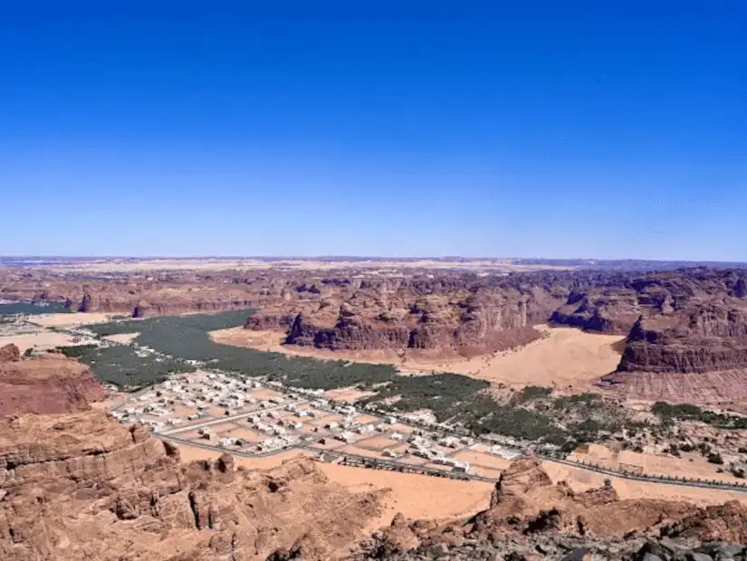 A panoramic view of AlUla’s landscape with sandstone formations and an oasis.