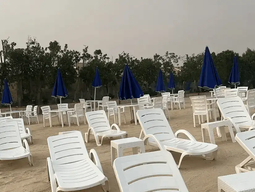 Quiet beach setting with sun loungers awaiting visitors against a backdrop of a clear sky.