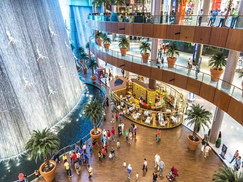 Waterfall and interior of the Dubai Mall