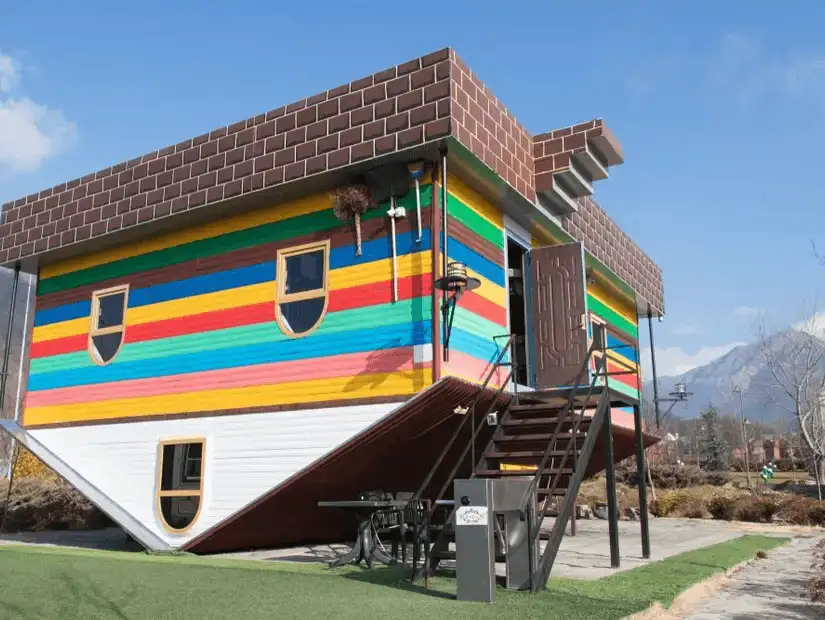 The colorful, upside-down house at Gabaland Amusement Park.