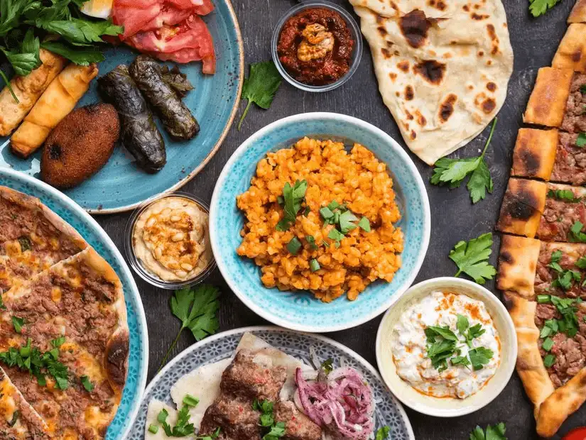 A variety of Middle Eastern delights featuring grilled meats, stuffed grape leaves, and seasoned rice.