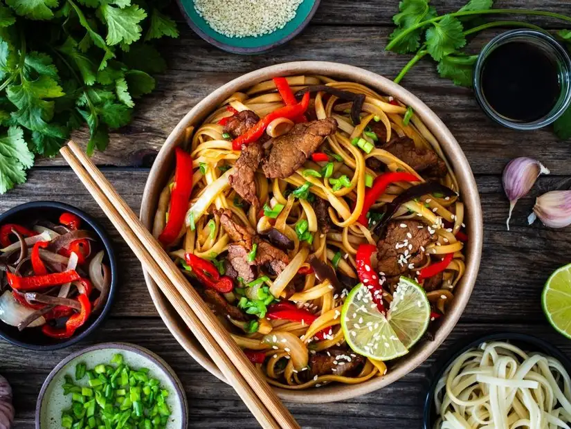 Colorful noodle dish with fresh ingredients