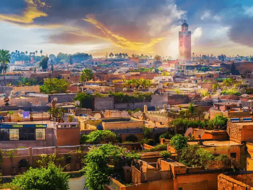 A colorful sunset over the bustling streets of Marrakesh.