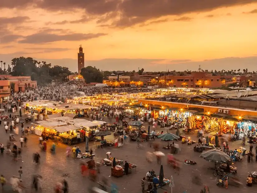 The vibrant evening market of Marrakesh in full swing.