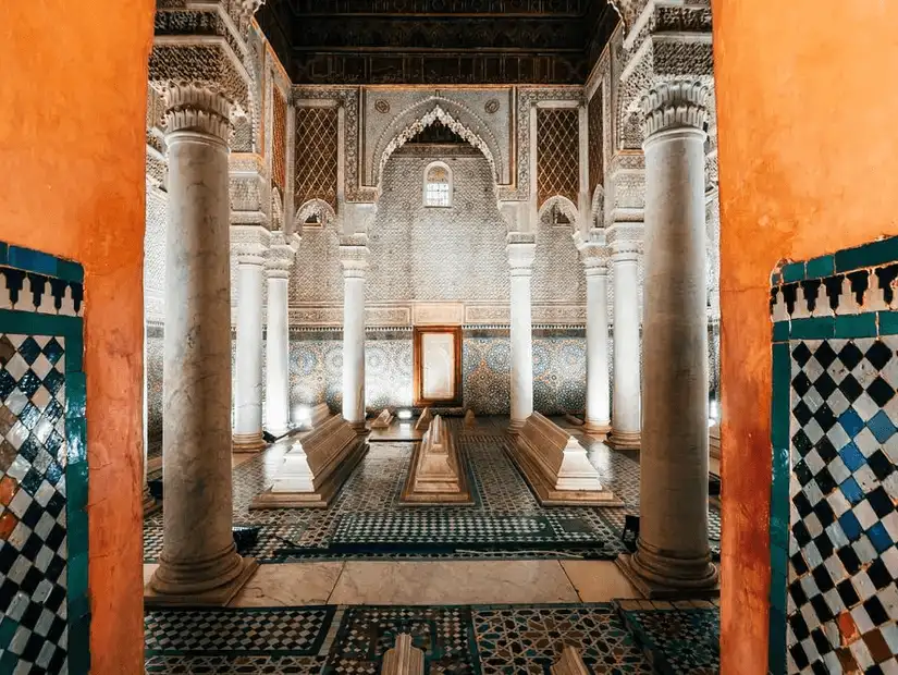 Exquisitely detailed columns and mosaic in a Marrakesh palace.