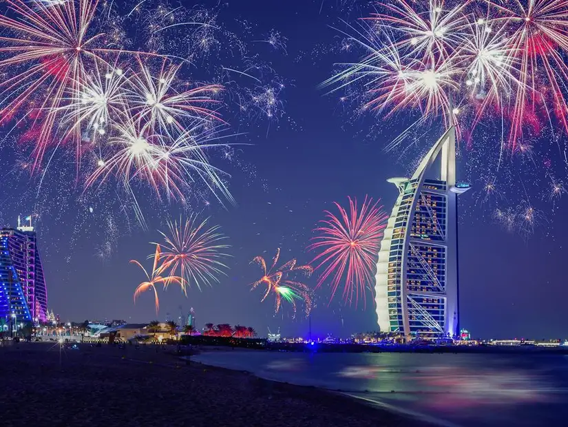 New Year's Eve fireworks light up the Burj Al Arab.