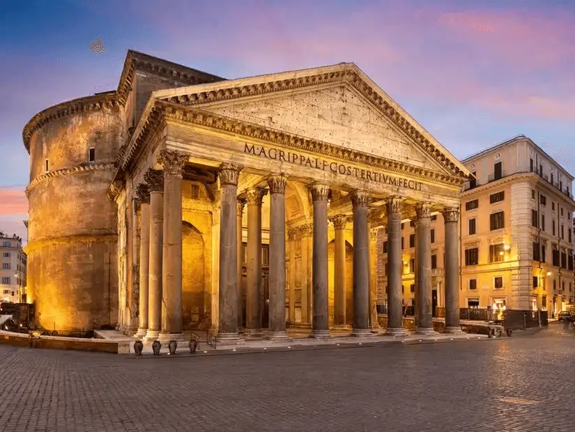 The grand Pantheon standing tall under a vibrant sunset sky.