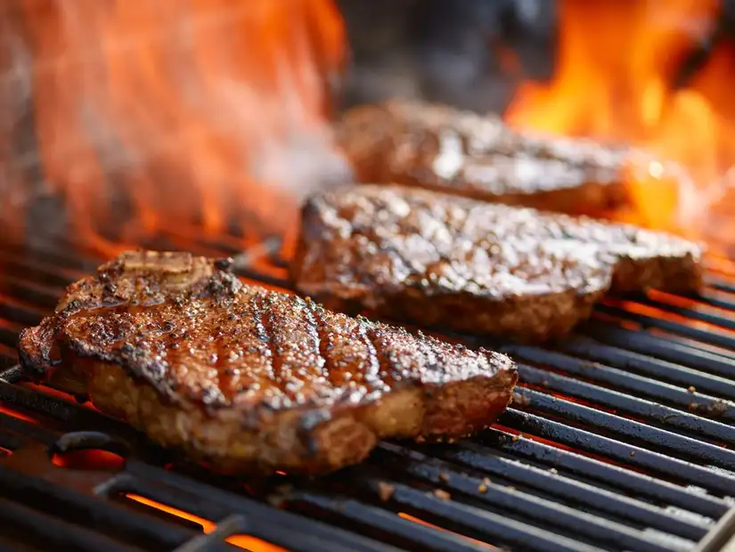 Steaks on the grill, kissed by flames, showcasing perfect char marks for a smoky flavor.