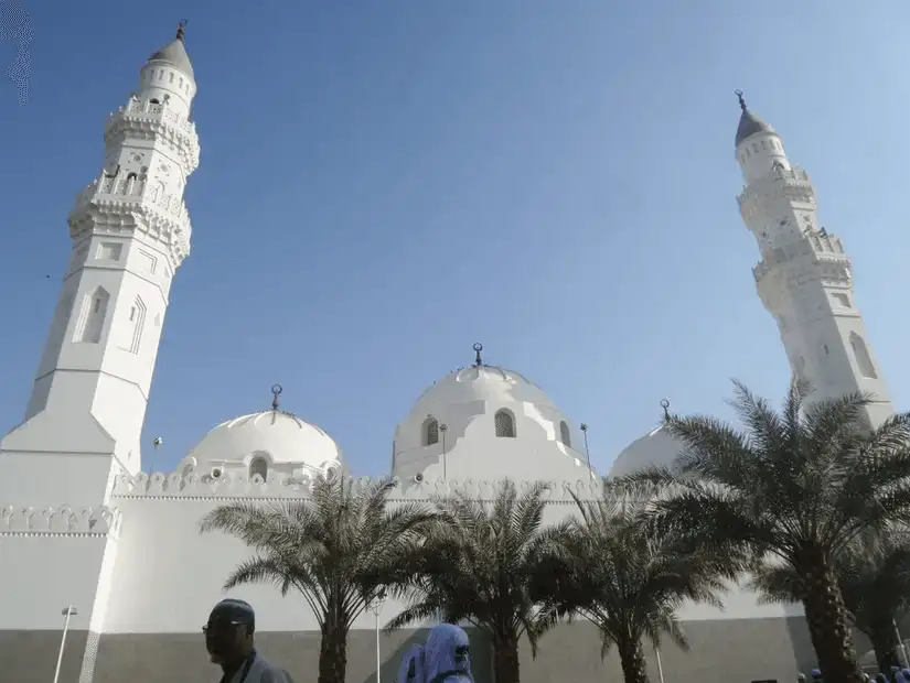 The iconic Qiblatain Mosque, known for its two qiblas, standing tall under a bright sky.