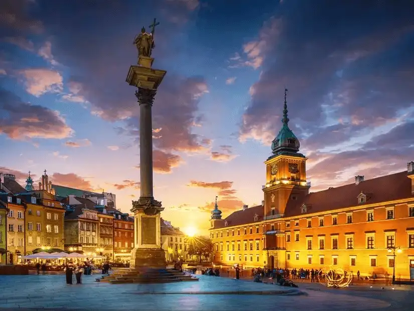 The Royal Castle in Warsaw at sunset, a symbol of Poland's rich history and resilience.