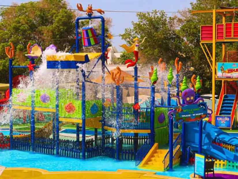 Colorful water playground bursting with splashes and joy, perfect for a family fun day.