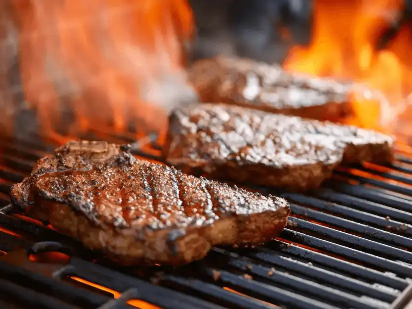 Juicy steaks grilling over an open flame, capturing the essence of a classic steakhouse experience.