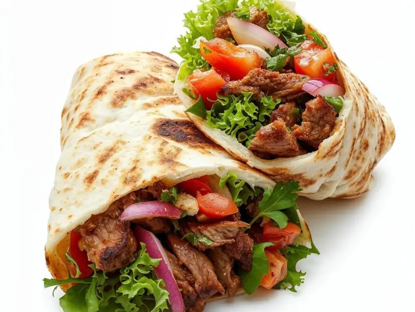 A fresh, flavorful beef shawarma wrap.