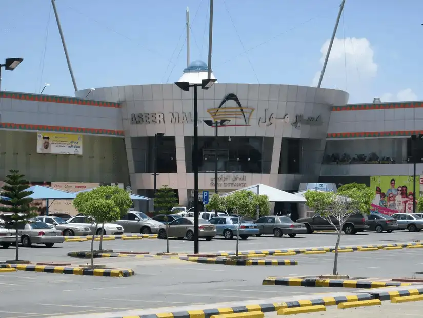 Exterior view of Asser Mall with parked cars and entrance sign.