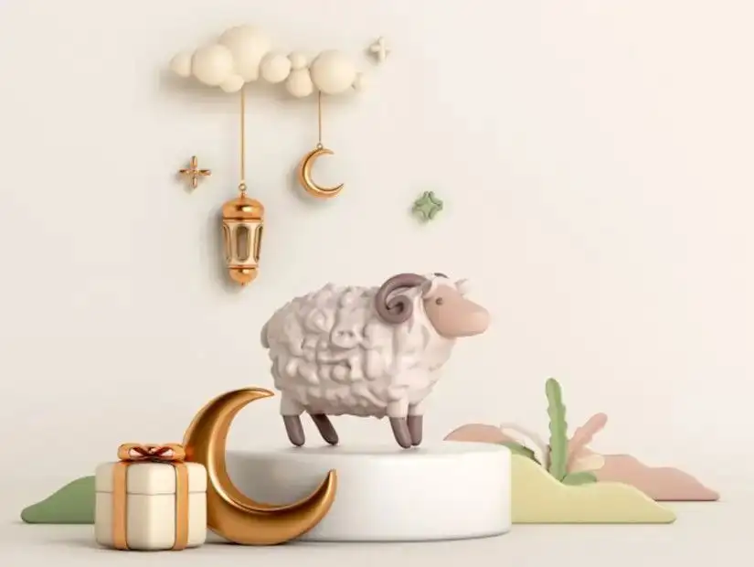 drawing of a sheep with Arabic lantern, crescent moon, and gift box for Eid Al Adha