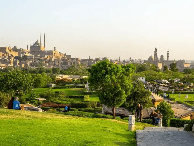 A serene landscape of Al-Azhar Park with a view of the historic skyline of Cairo.