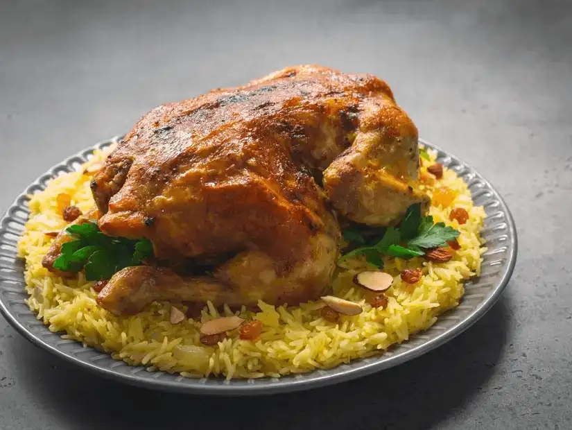 Traditional roasted chicken served on a bed of fragrant rice.