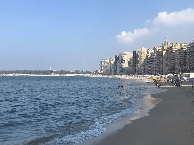 A scenic view of a beach with waves crashing on the shore and a cityscape in the background.