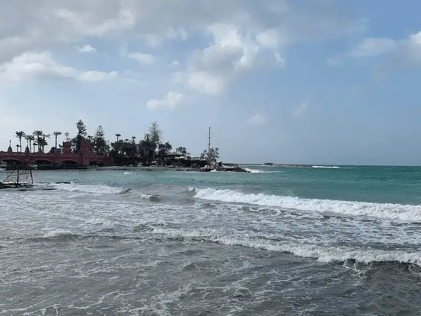 A coastal view with waves rolling in and buildings lining the horizon under a cloudy sky.