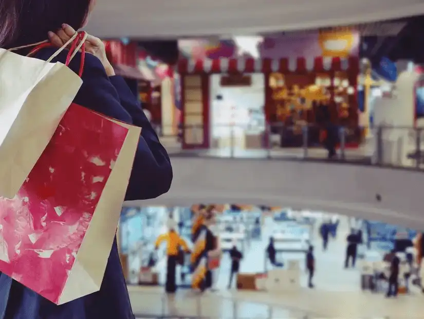 Shopper with a shopping bag in a bustling mall, highlighting a vibrant retail atmosphere.