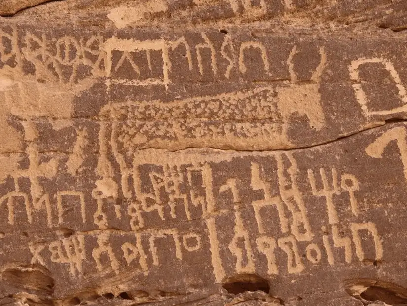 Ancient rock carvings at the Al-Ukhdud Archaeological Site, detailing historical symbols and figures.