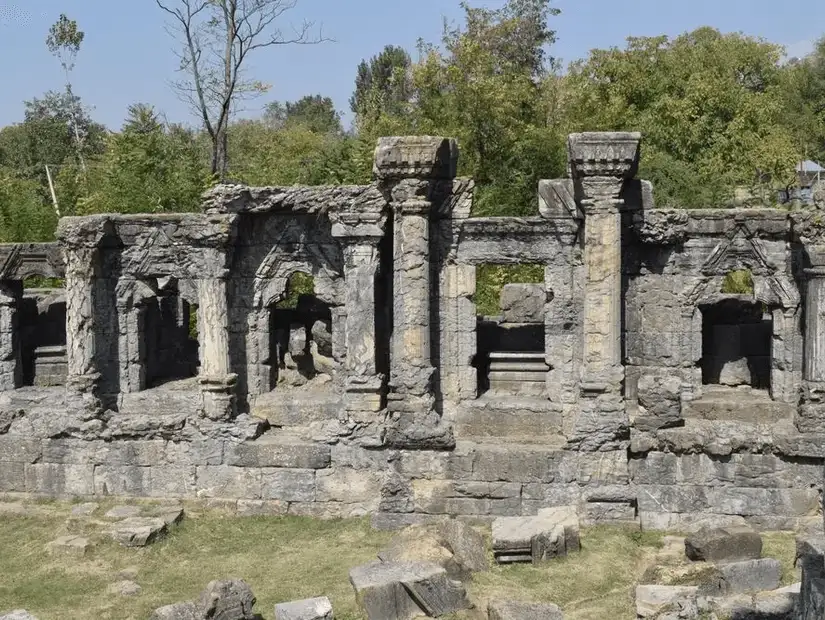 Ancient ruins featuring grand stone arches and pillars amidst greenery.