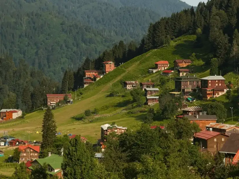 A scenic mountain village with wooden houses and a lush, green landscape.