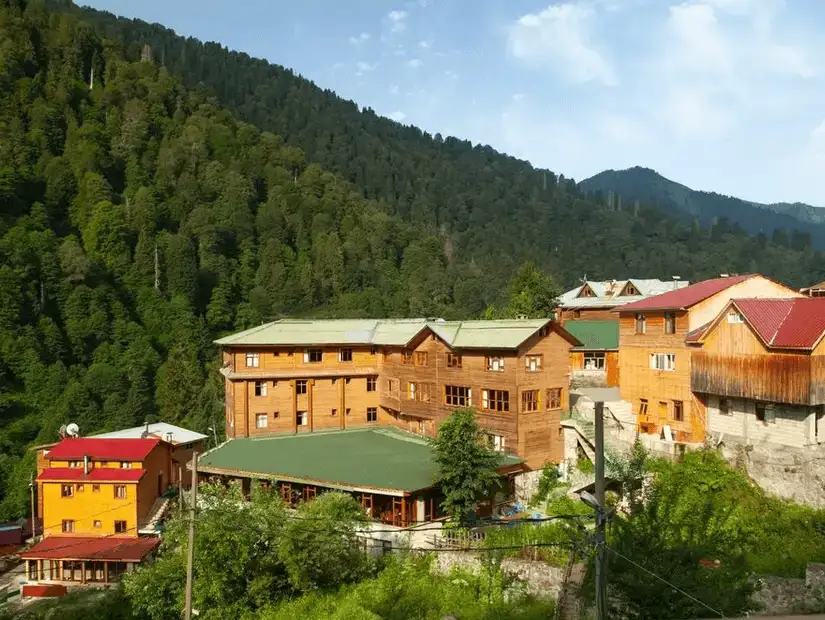 A charming wooden hotel surrounded by forests on a mountain slope.
