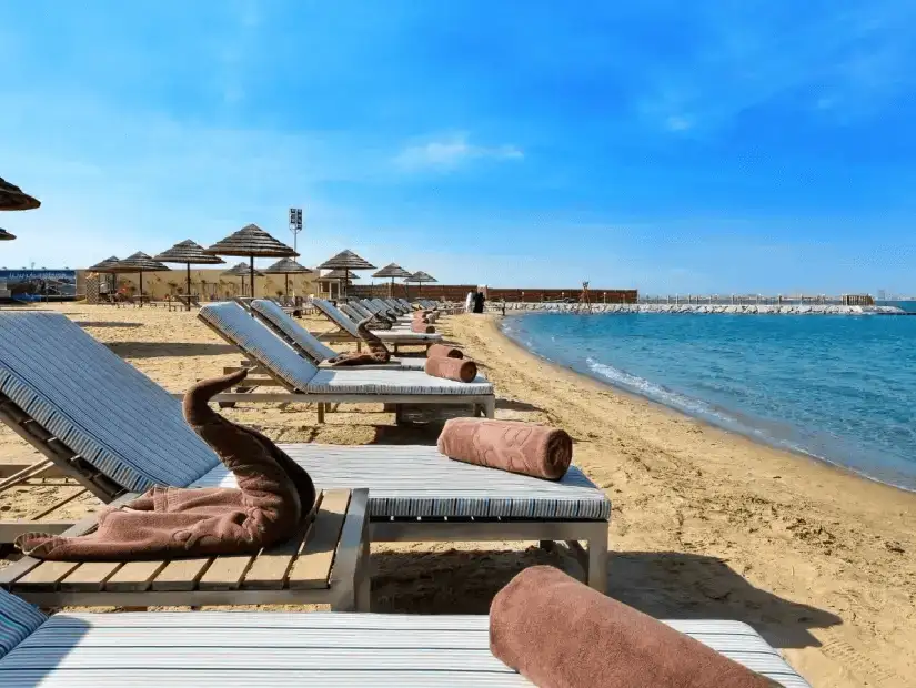 Sun loungers neatly arranged on the sandy shore, ready for a relaxing day.