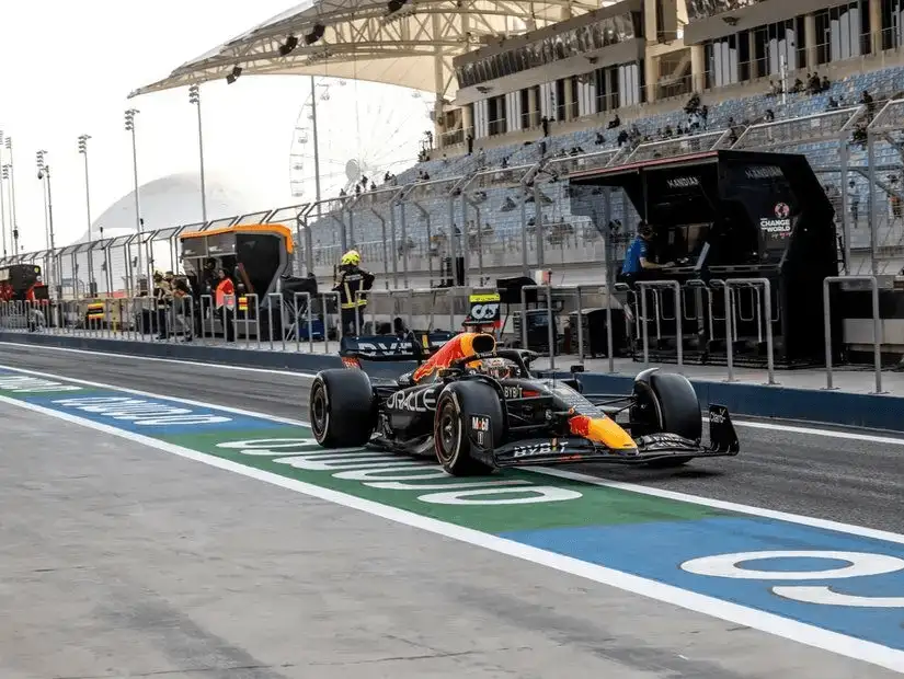 A racing car on the track at Bahrain International Circuit, ready for an exciting event.