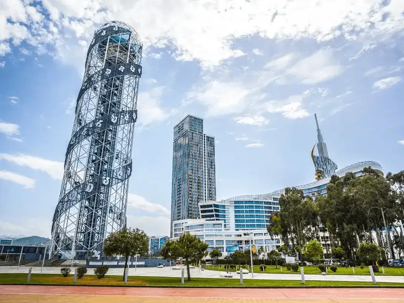 Modern buildings with a unique tower and skyscrapers in Batumi.