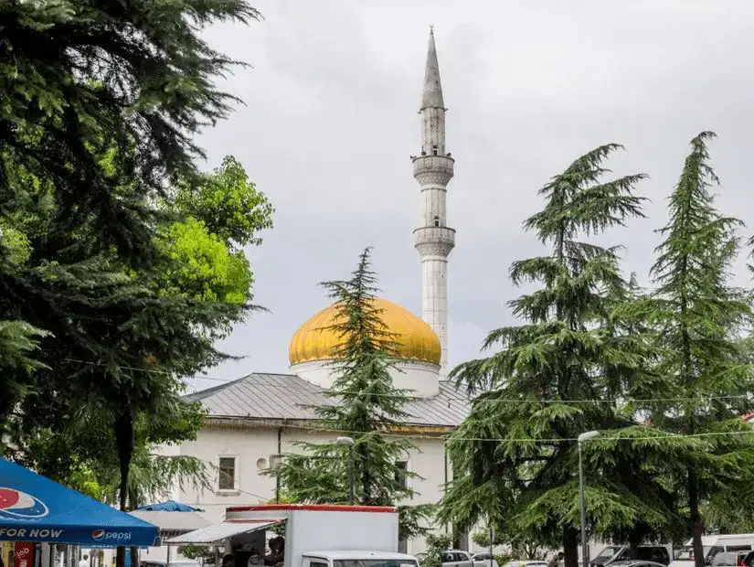 A mosque with a golden dome surrounded by trees.