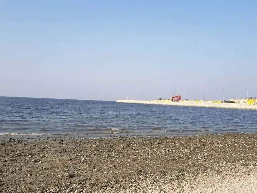 A rocky beach with a distant view of a pier and colorful structures.