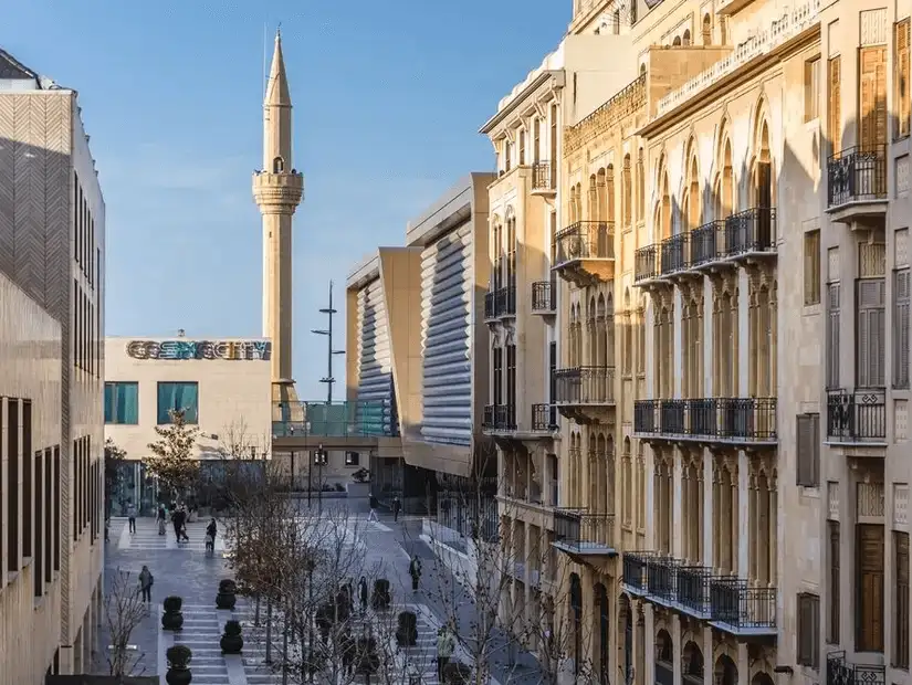 Beirut’s downtown, blending modern architecture with traditional design, seen under the early evening light.