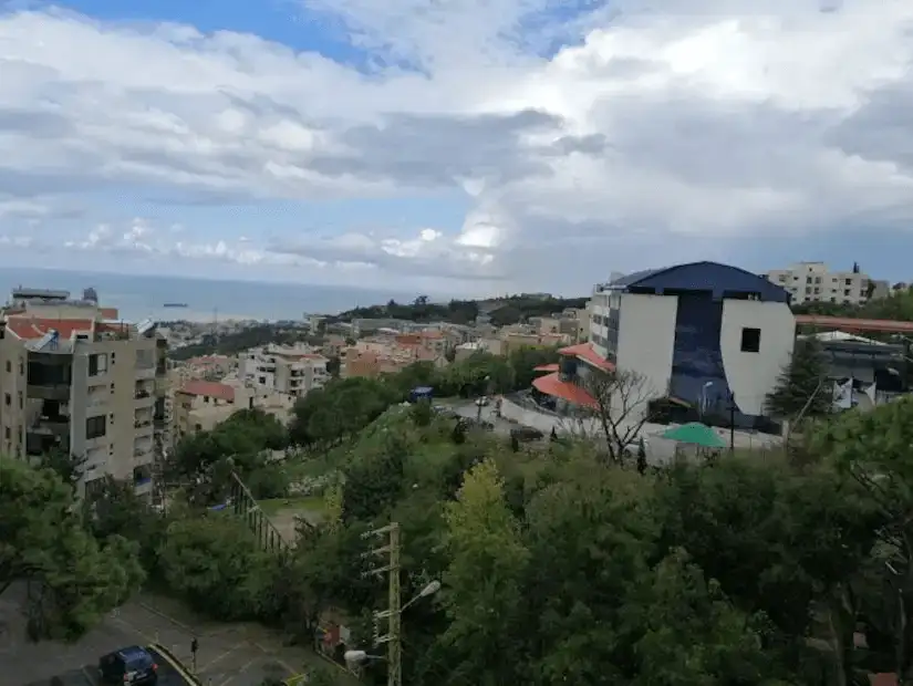 A hilltop view overlooking a quiet town with the sea in the distance.