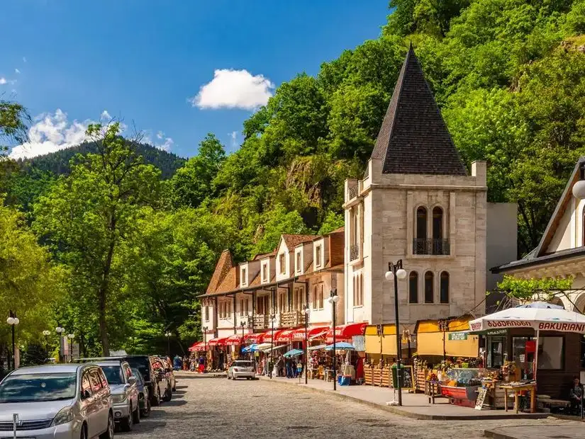 A captivating view of Borjomi’s landscape with vibrant greenery and distant mountains under a bright sky.