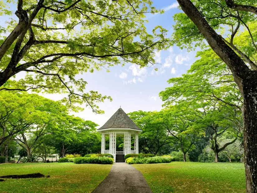 A serene gazebo nestled in the lush greenery of the Singapore Botanic Gardens.