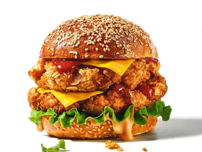 Golden fried chicken with lettuce and creamy sauce in a sesame bun.