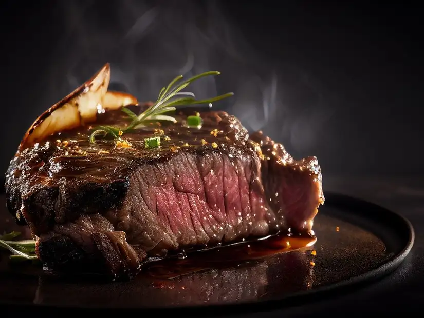 Exquisite plate of steak with a glossy, savory glaze, elegantly garnished and ready to delight.
