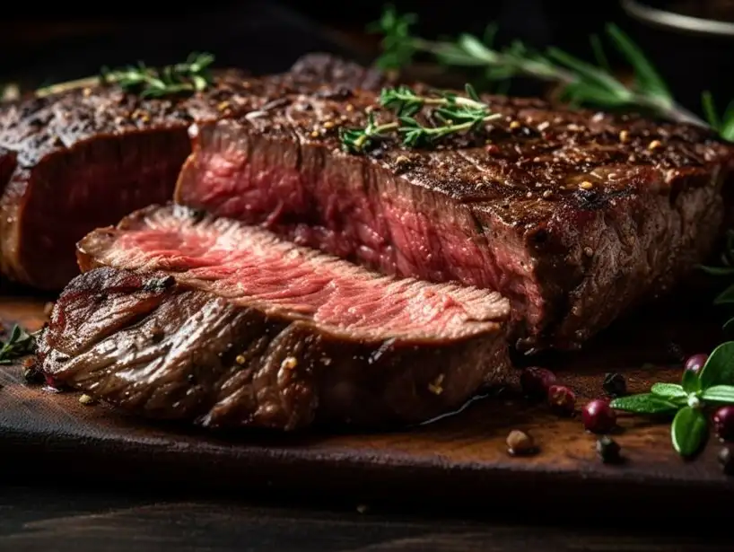 Succulent medium-rare steak showcasing deep, grilled flavors, served on a rustic wooden board.