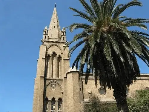 St. John the Evangelist Cathedral with a tall palm tree in the foreground.