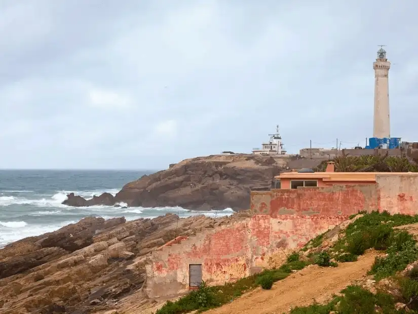 Seaside promenade with Hassan II Mosque in the background on a cloudy day.