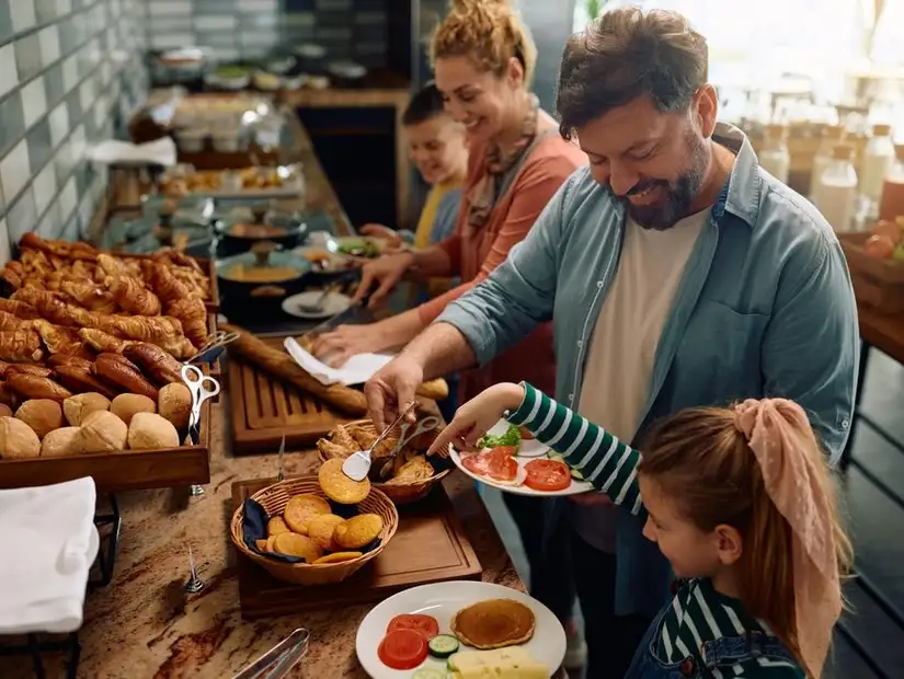 Family enjoying a buffet breakfast