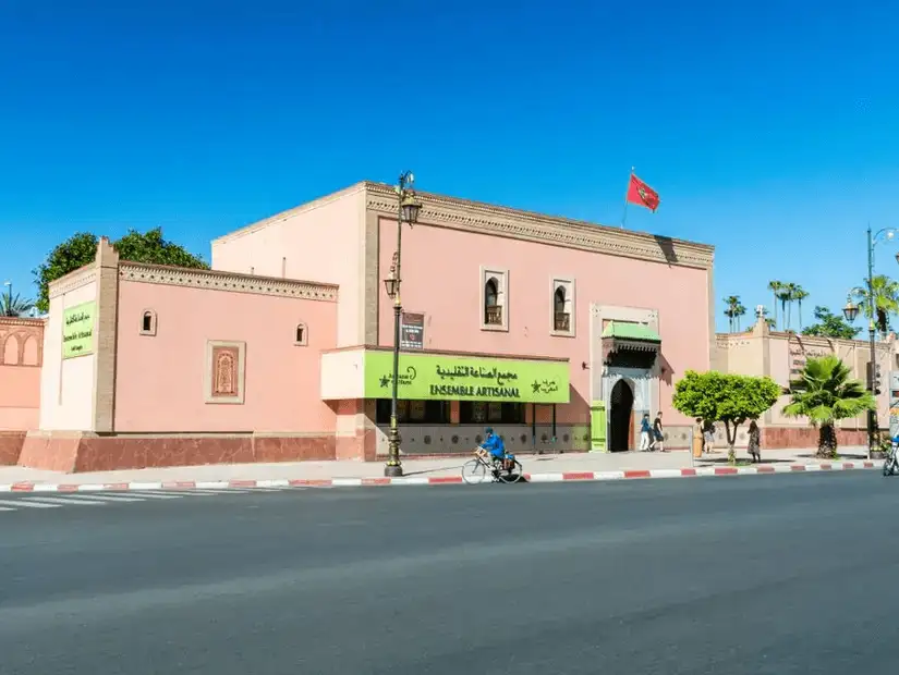 Vibrant textiles and handicrafts in Marrakesh's traditional market.