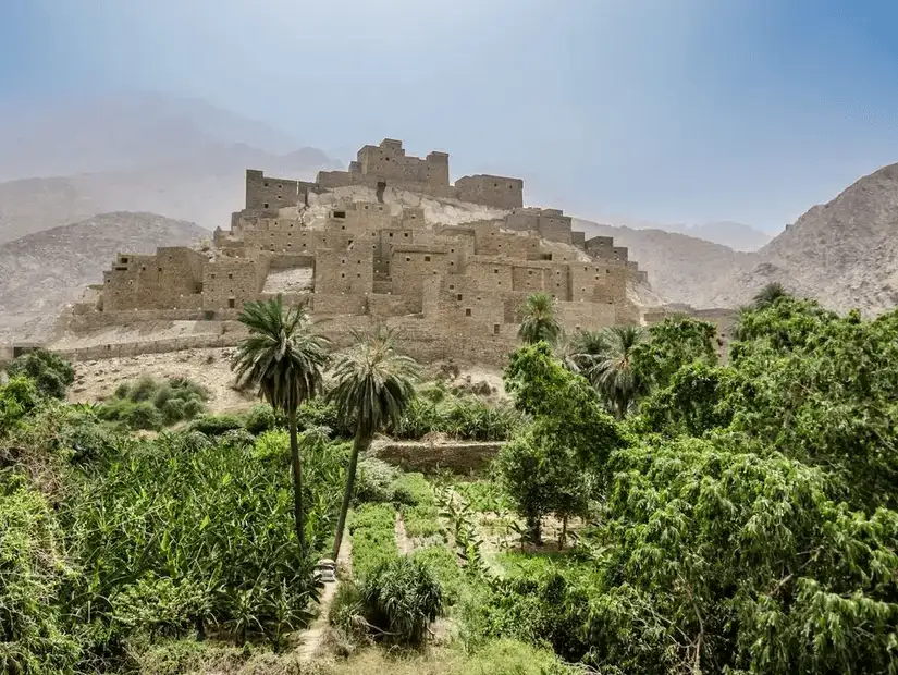 Dhi Ain Village with its striking stone buildings and palm trees.