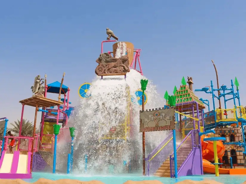 Colorful water attractions at Dilmun Water Park, splashing fun for all ages.